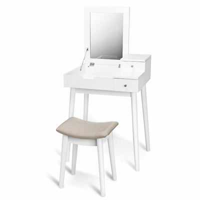 2-Drawer Flip Mirror Dressing Vanity Table with Concave Stool