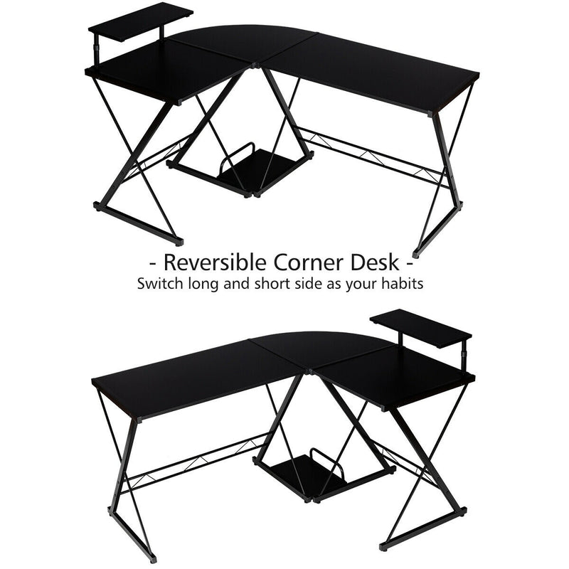 L-Shaped Reversible Corner Computer Desk with Movable Shelf and CPU Stand