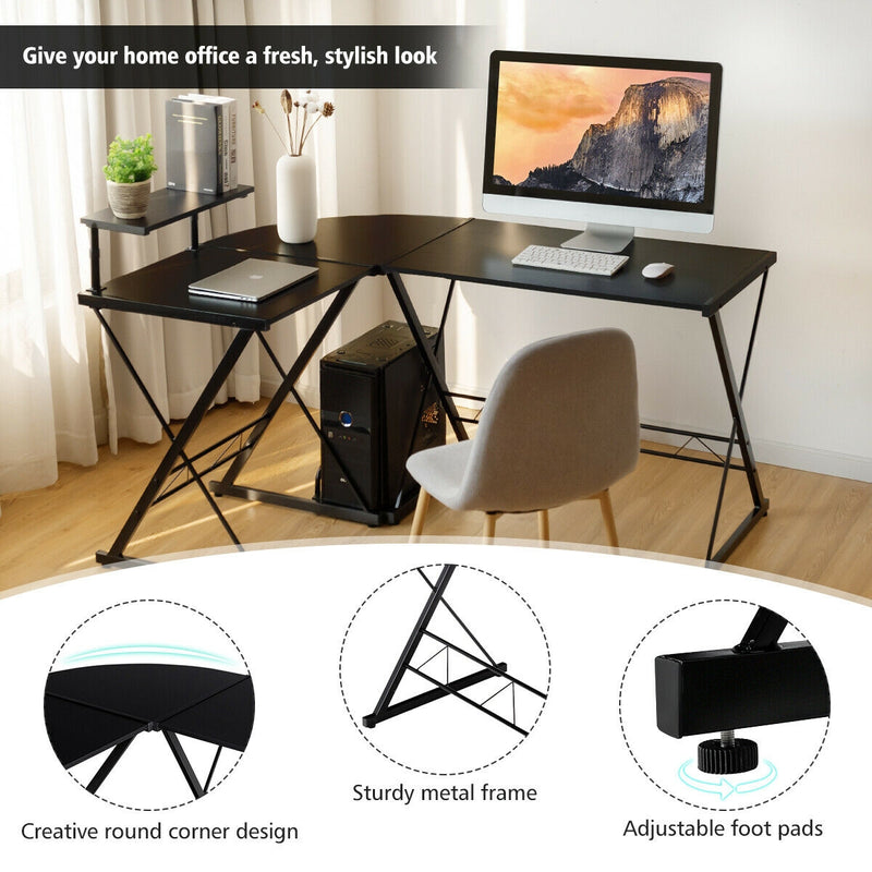 L-Shaped Reversible Corner Computer Desk with Movable Shelf and CPU Stand