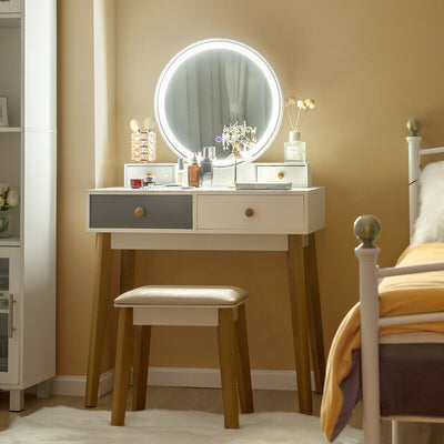 LED Round Mirror Dressing Table with Cushioned Stool and Four Drawers