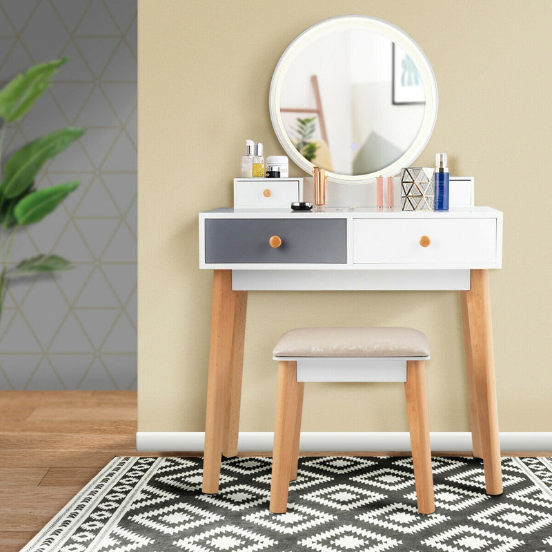 LED Round Mirror Dressing Table with Cushioned Stool and Four Drawers