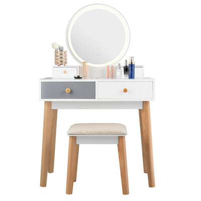 LED Round Mirror Dressing Table with Cushioned Stool and Four Drawers