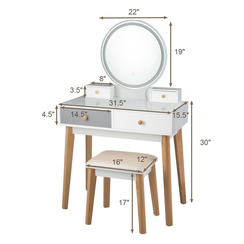 LED Round Mirror Dressing Table with Cushioned Stool and Four Drawers