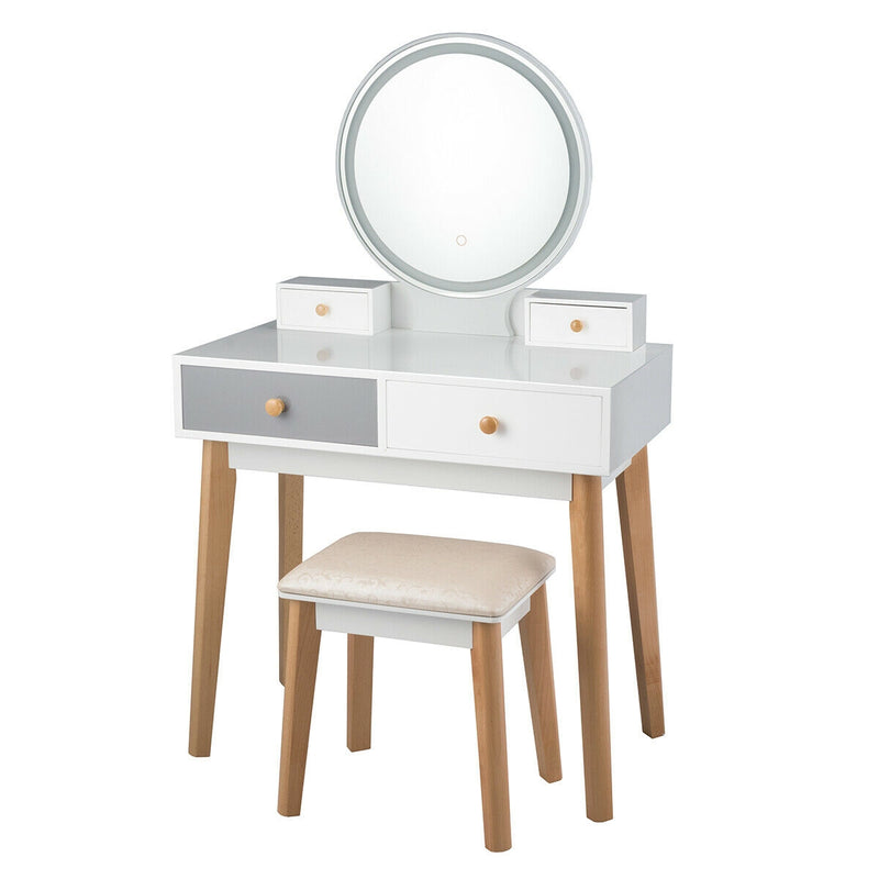 LED Round Mirror Dressing Table with Cushioned Stool and Four Drawers