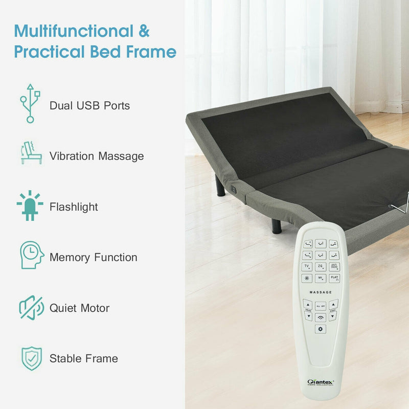 Adjustable Massage Upholstered Bed Base with Remote Control & USB Ports