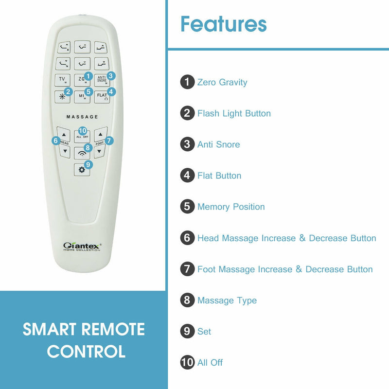 Adjustable Massage Upholstered Bed Base with Remote Control & USB Ports