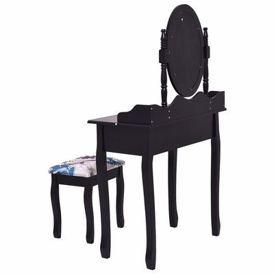 Wooden Makeup Vanity Table Set with Rotatable Mirror and Padded Stool