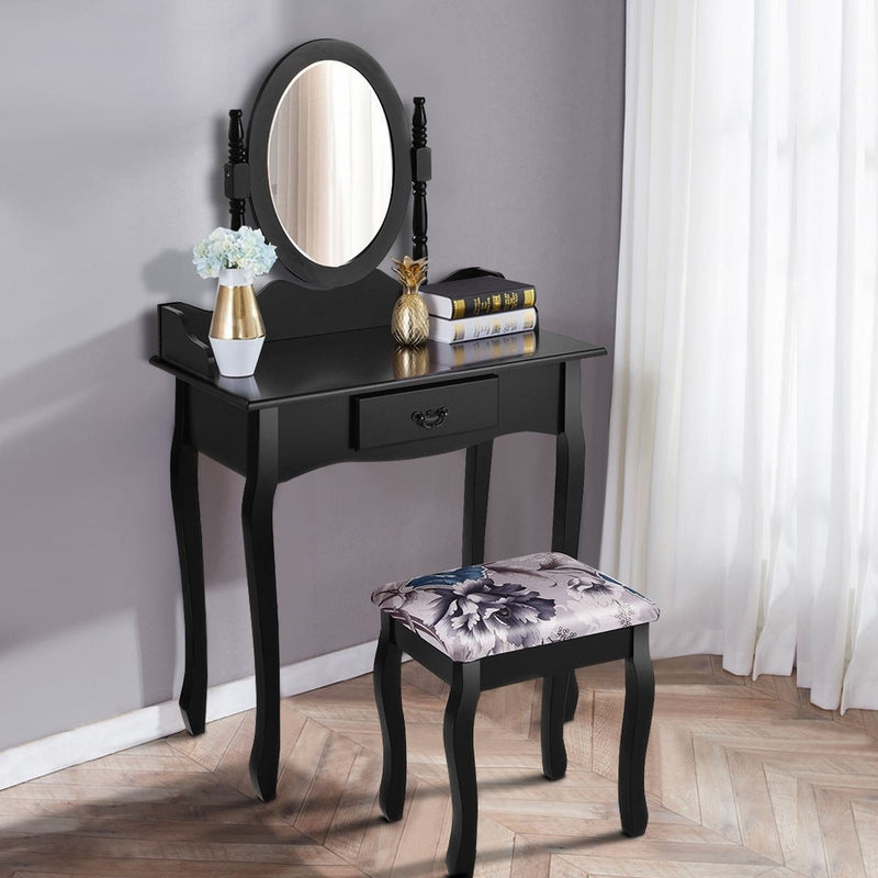 Wooden Makeup Vanity Table Set with Rotatable Mirror and Padded Stool