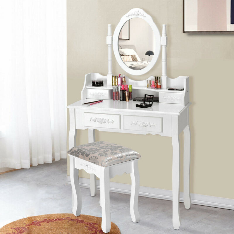 4-Drawer Dressing Vanity Table Set with 360?? Rotation Mirror