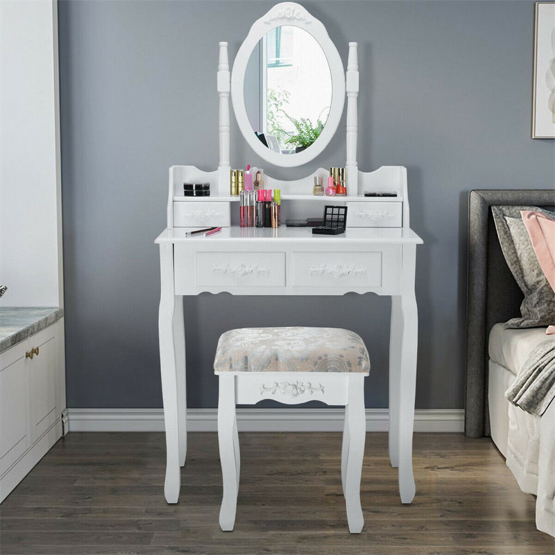 4-Drawer Dressing Vanity Table Set with 360?? Rotation Mirror