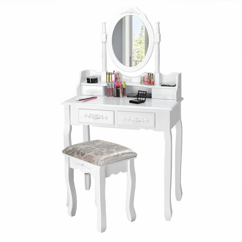 4-Drawer Dressing Vanity Table Set with 360?? Rotation Mirror