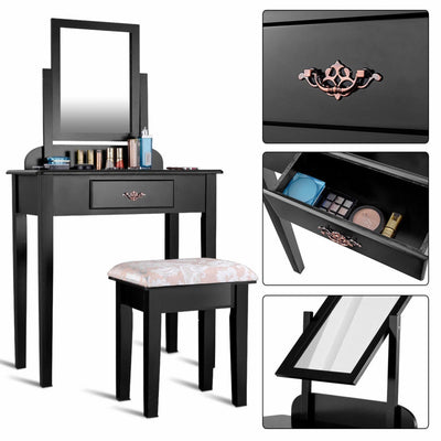 Dressing Vanity Table Set with 360?? Rotating Mirror and Padded Stool