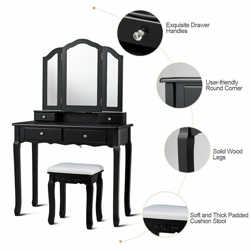 Dressing Vanity Table Set with Detachable Mirror and Padded Stool