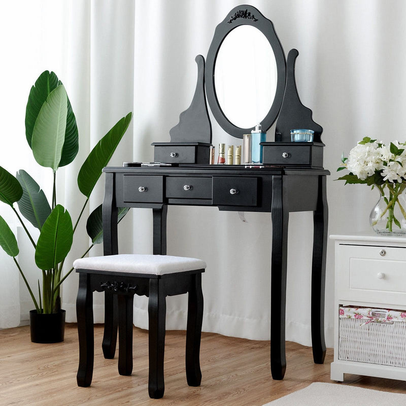 360° Rotating Mirrored Dressing Table Set with Padded Stool