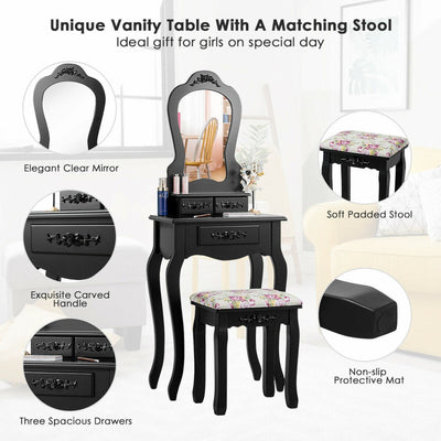 3-Drawer Dressing Vanity Table Set with Mirror and Padded Stool