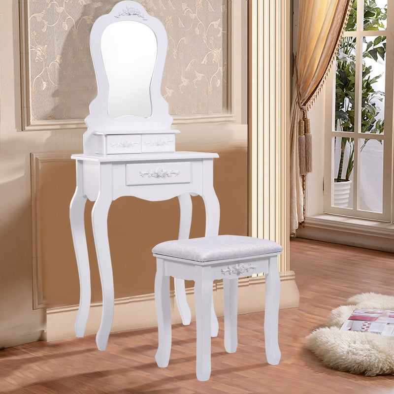 3-Drawer Dressing Vanity Table Set with Mirror and Padded Stool