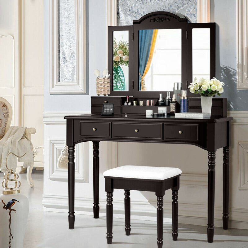 Multi-Drawer Dressing Vanity Table Set with Tri-Mirror and Padded Stool