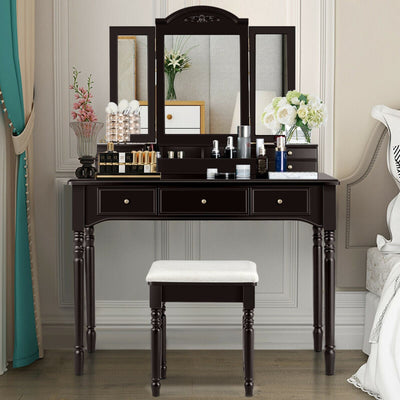 Multi-Drawer Dressing Vanity Table Set with Tri-Mirror and Padded Stool