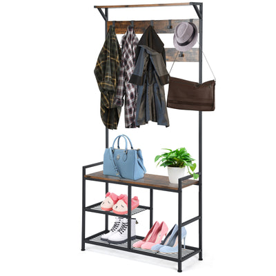 3-In-1 Industrial Coat Rack Stand with 9 Hooks Shoe Bench