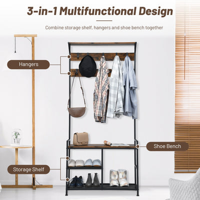 3-In-1 Industrial Coat Rack Stand with 9 Hooks Shoe Bench