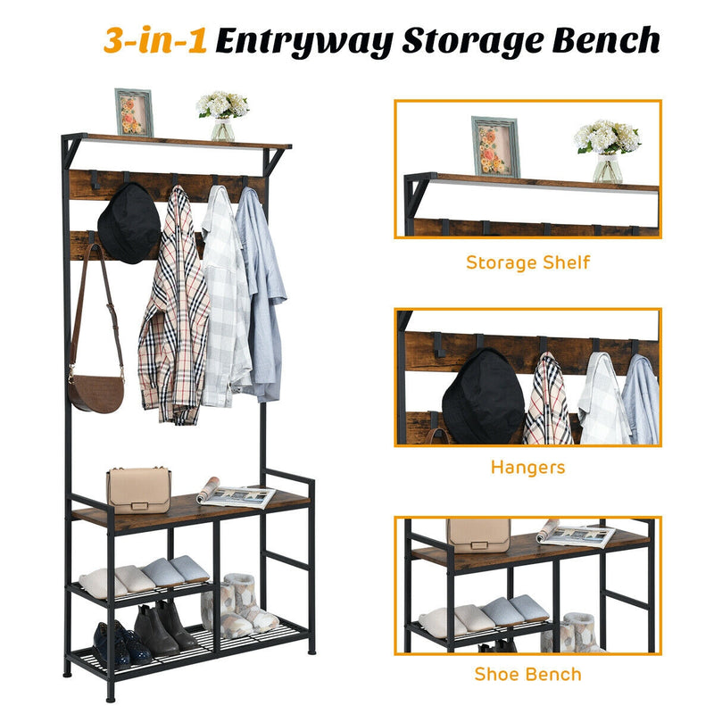 3-In-1 Industrial Coat Rack Stand with 9 Hooks Shoe Bench