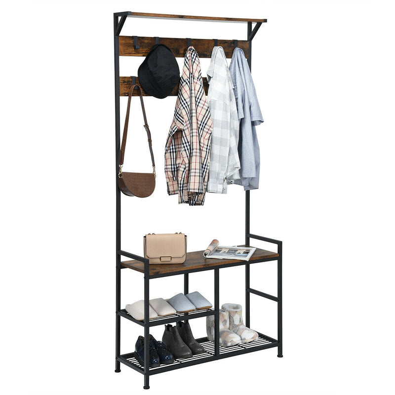 3-In-1 Industrial Coat Rack Stand with 9 Hooks Shoe Bench