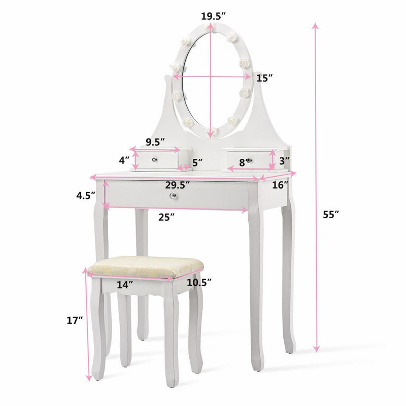 Vanity Table Set with Lighting Mirror and Padded Stool