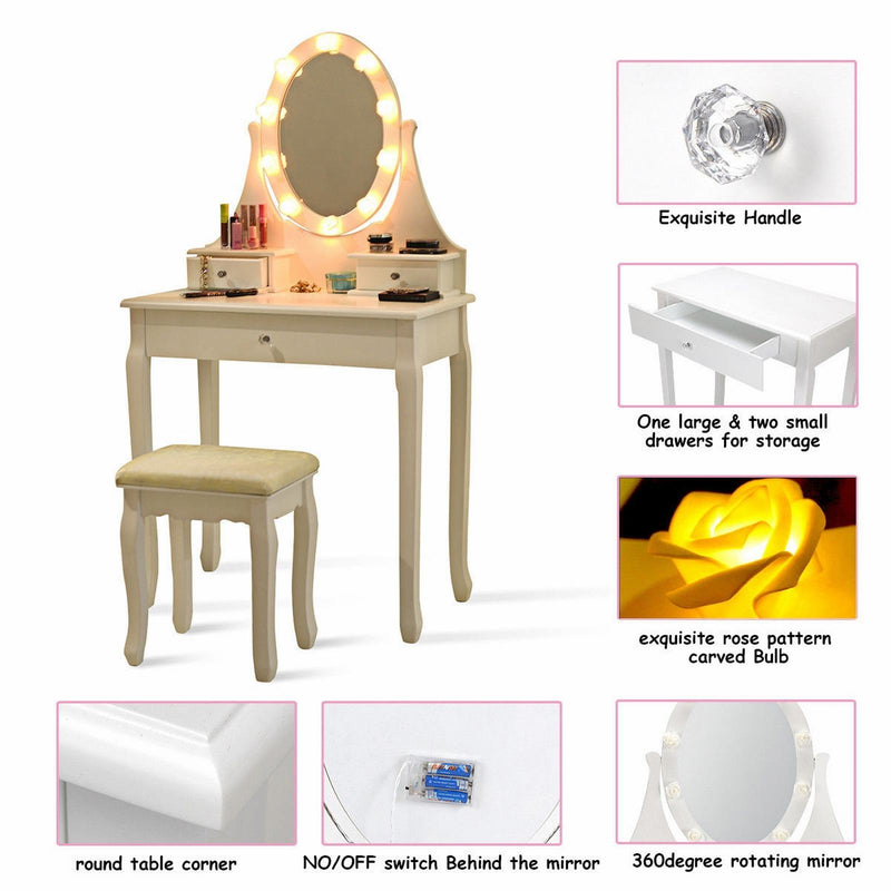 Vanity Table Set with Lighting Mirror and Padded Stool