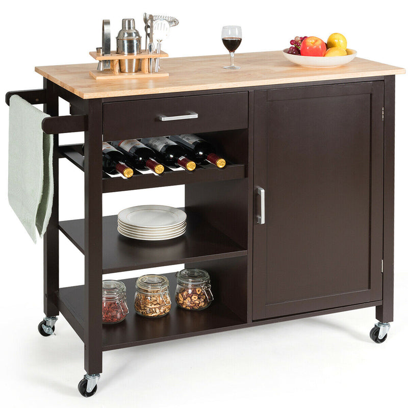 Kitchen Island Cart Rolling Serving Cart Wood Trolley with Towel Rack