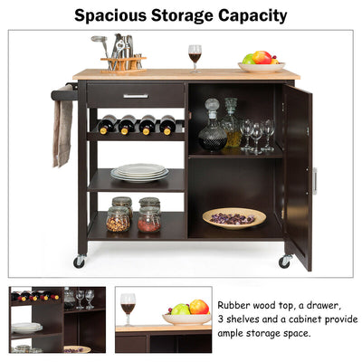 Kitchen Island Cart Rolling Serving Cart Wood Trolley with Towel Rack