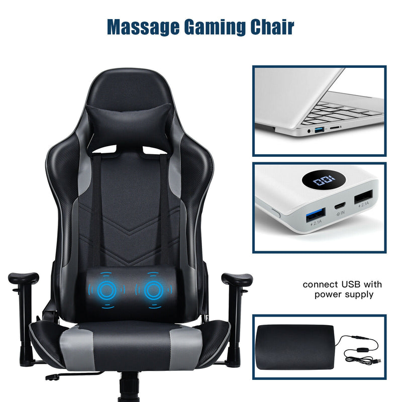 Leather Massage Gaming Chair with Headrest and Lumbar Support