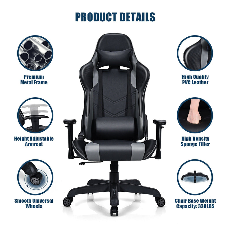 Leather Massage Gaming Chair with Headrest and Lumbar Support