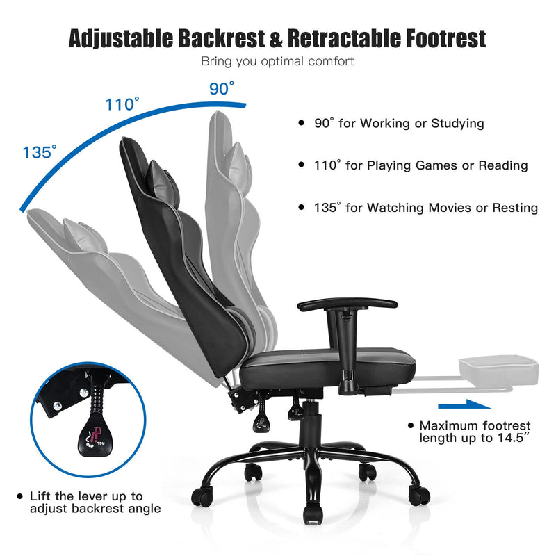 Leather Massage Gaming Chair Recliner with Footrest, Backrest and Armrests