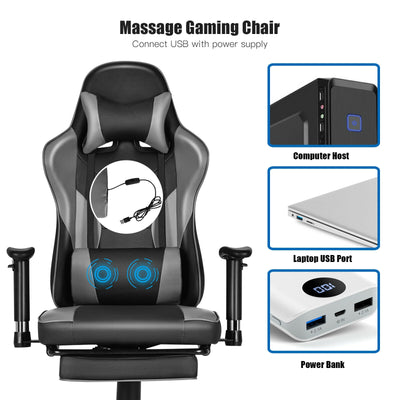 Leather Massage Gaming Chair Recliner with Footrest, Backrest and Armrests