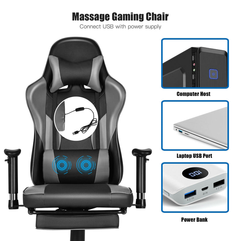 Leather Massage Gaming Chair Recliner with Footrest, Backrest and Armrests