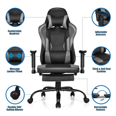 Leather Massage Gaming Chair Recliner with Footrest, Backrest and Armrests