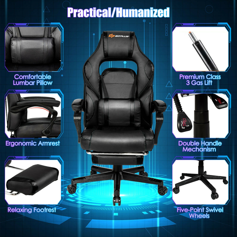 Leather Massage Gaming Chair with Footrest and Lumbar Support