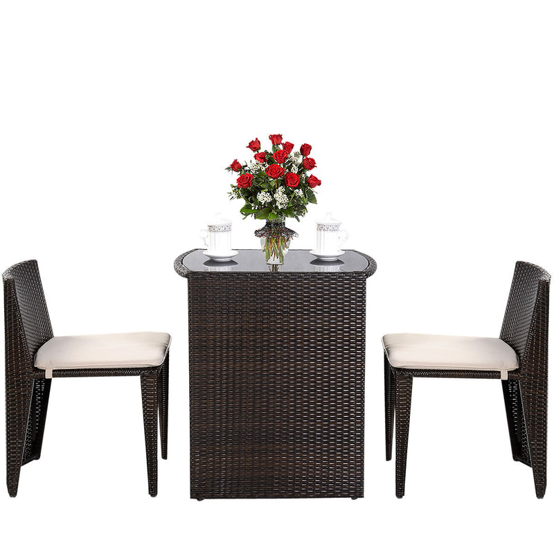 3 Pcs Wicker Patio Cushioned Outdoor Chair and Table Set