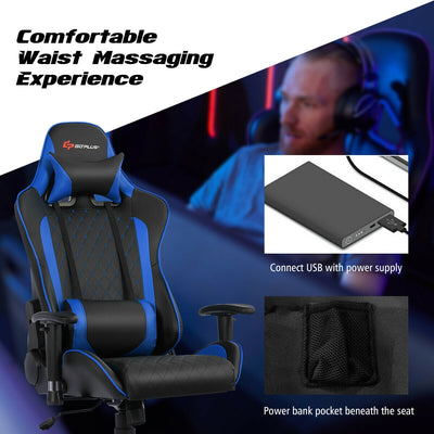 Leather USB Massage Gaming Chair with Lumbar Support and Headrest