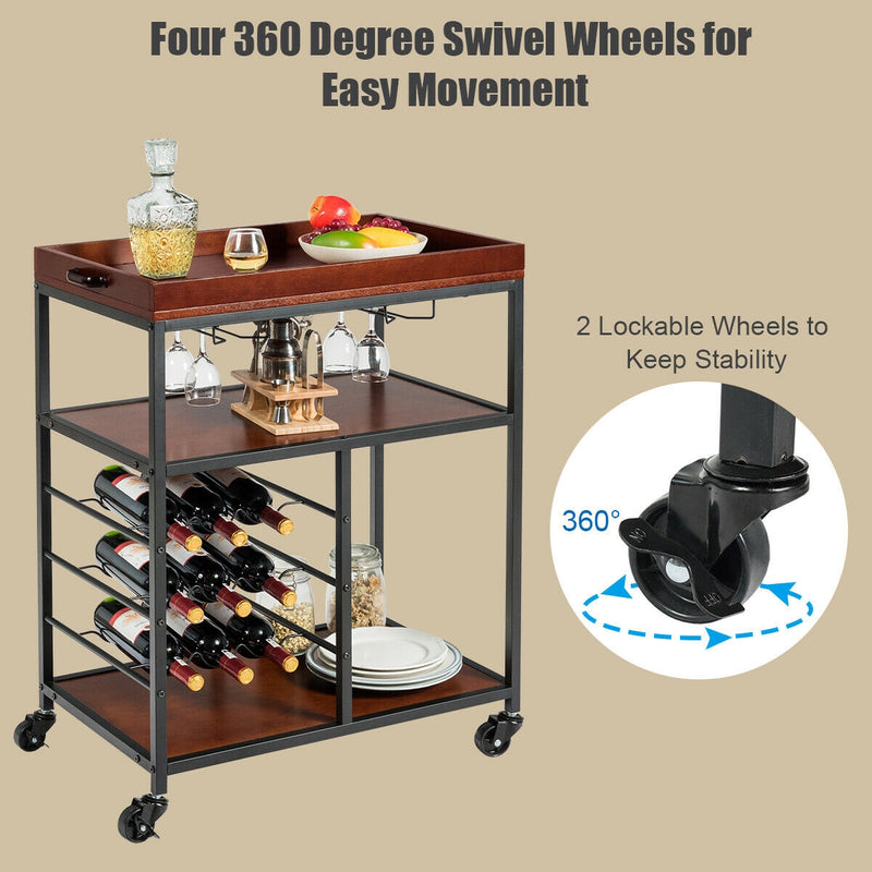 3-Tier Rolling Kitchen Serving Bar Cart with Wine Rack and Glass Holder