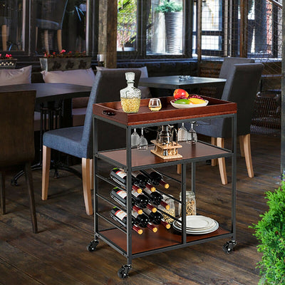 3-Tier Rolling Kitchen Serving Bar Cart with Wine Rack and Glass Holder