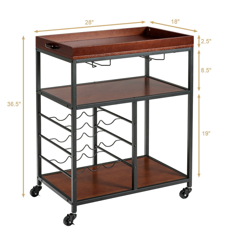 3-Tier Rolling Kitchen Serving Bar Cart with Wine Rack and Glass Holder