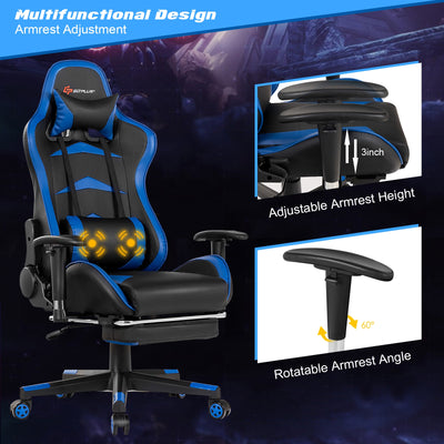 Massage Gaming Chair with Lumbar Support and Retractable Footrest