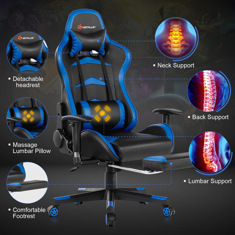 Massage Gaming Chair with Lumbar Support and Retractable Footrest