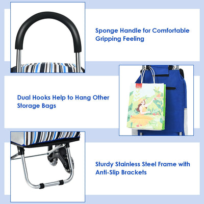 Folding Shopping Cart with Tri-Wheels and Bungee Cord and Detachable Bag