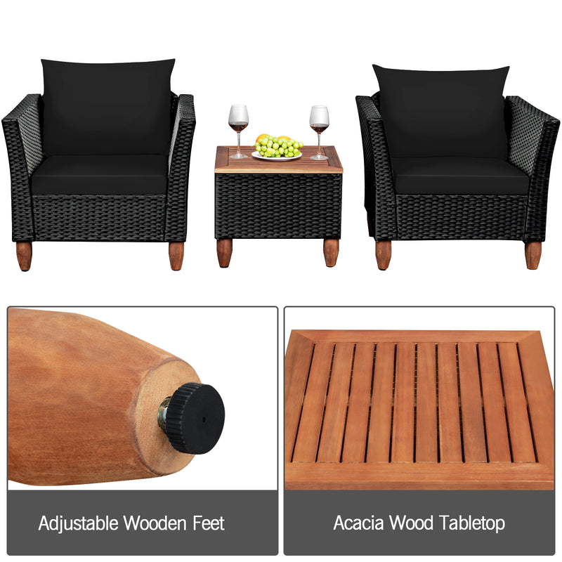 3 Pieces Outdoor Patio Wicker Furniture Set with Cushions and Acacia Wood Coffee Table