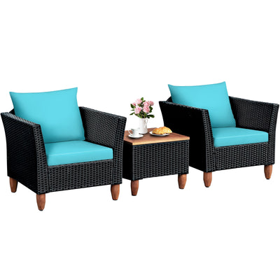 3 Pieces Outdoor Patio Wicker Furniture Set with Cushions and Acacia Wood Coffee Table