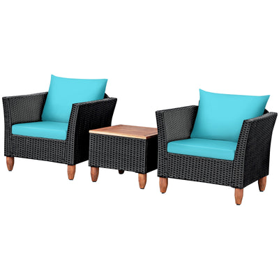 3 Pieces Outdoor Patio Wicker Furniture Set with Cushions and Acacia Wood Coffee Table