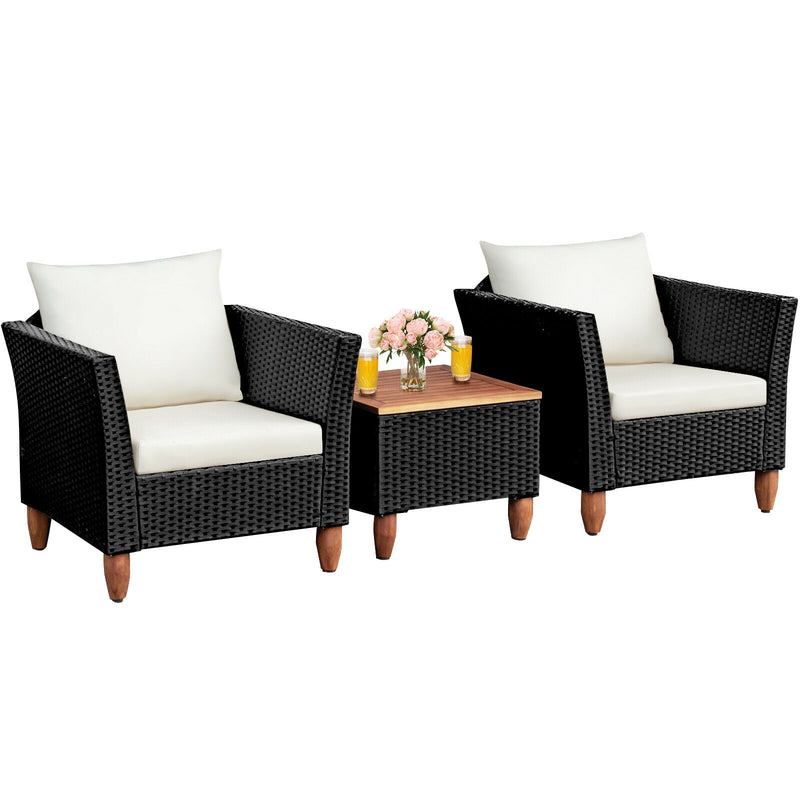 3 Pieces Outdoor Patio Wicker Furniture Set with Cushions and Acacia Wood Coffee Table