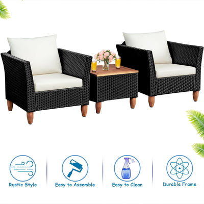 3 Pieces Outdoor Patio Wicker Furniture Set with Cushions and Acacia Wood Coffee Table